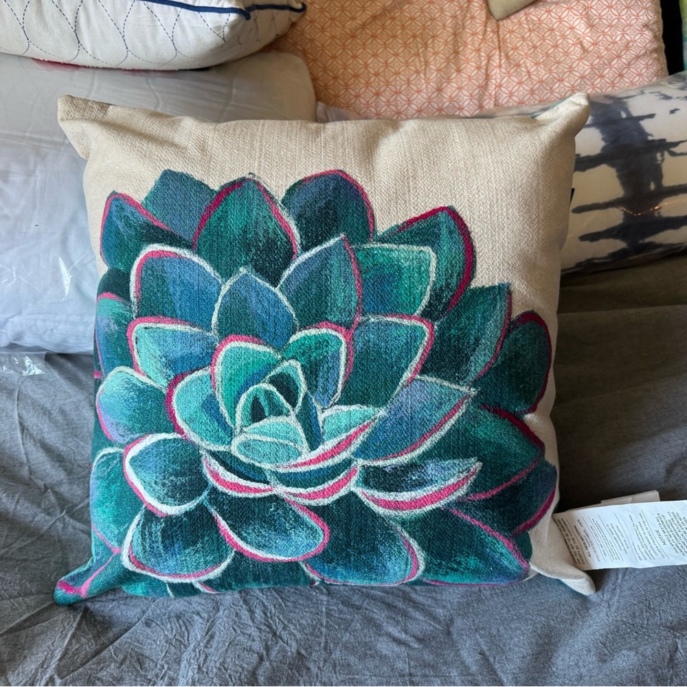 Succulent Design Accent Pillow - Teal and Pink